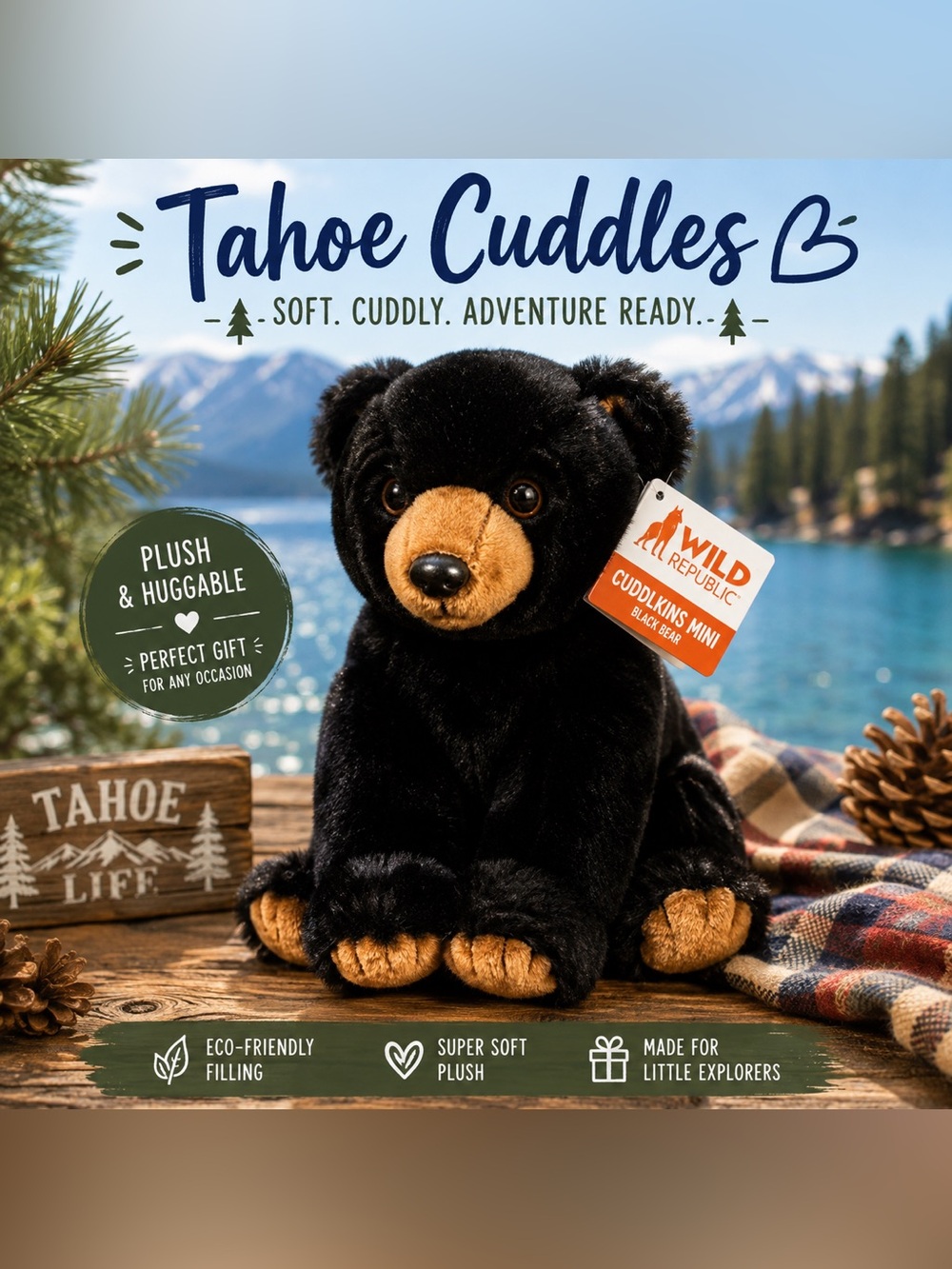 NWT Black Bear Plush Stuffed Animal Soft Eco Friendly Teddy Bear 10”